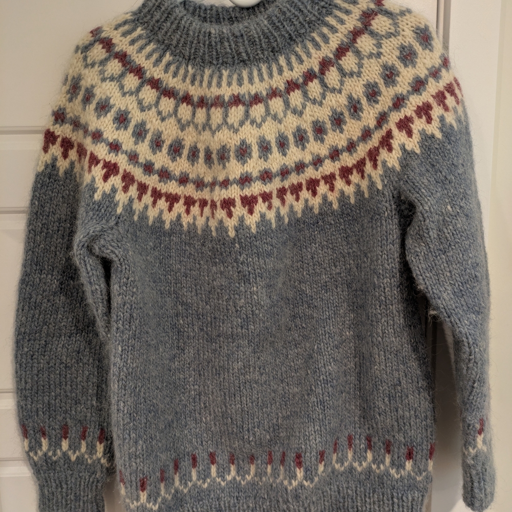 Handknit Blue and Cream Patterned Sweater